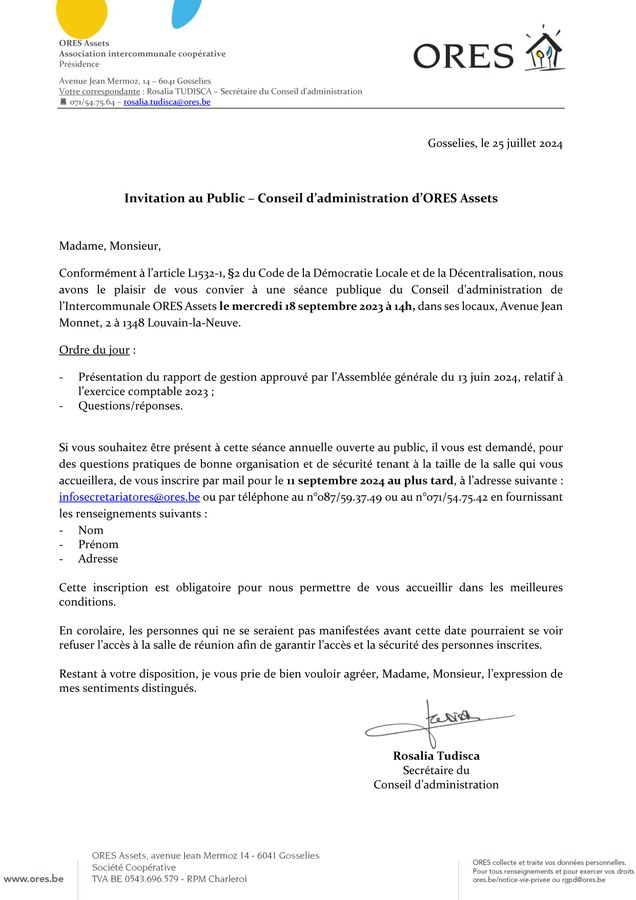 Invitation - Conseil d'administration ORES Assets, 11 septembre 2024