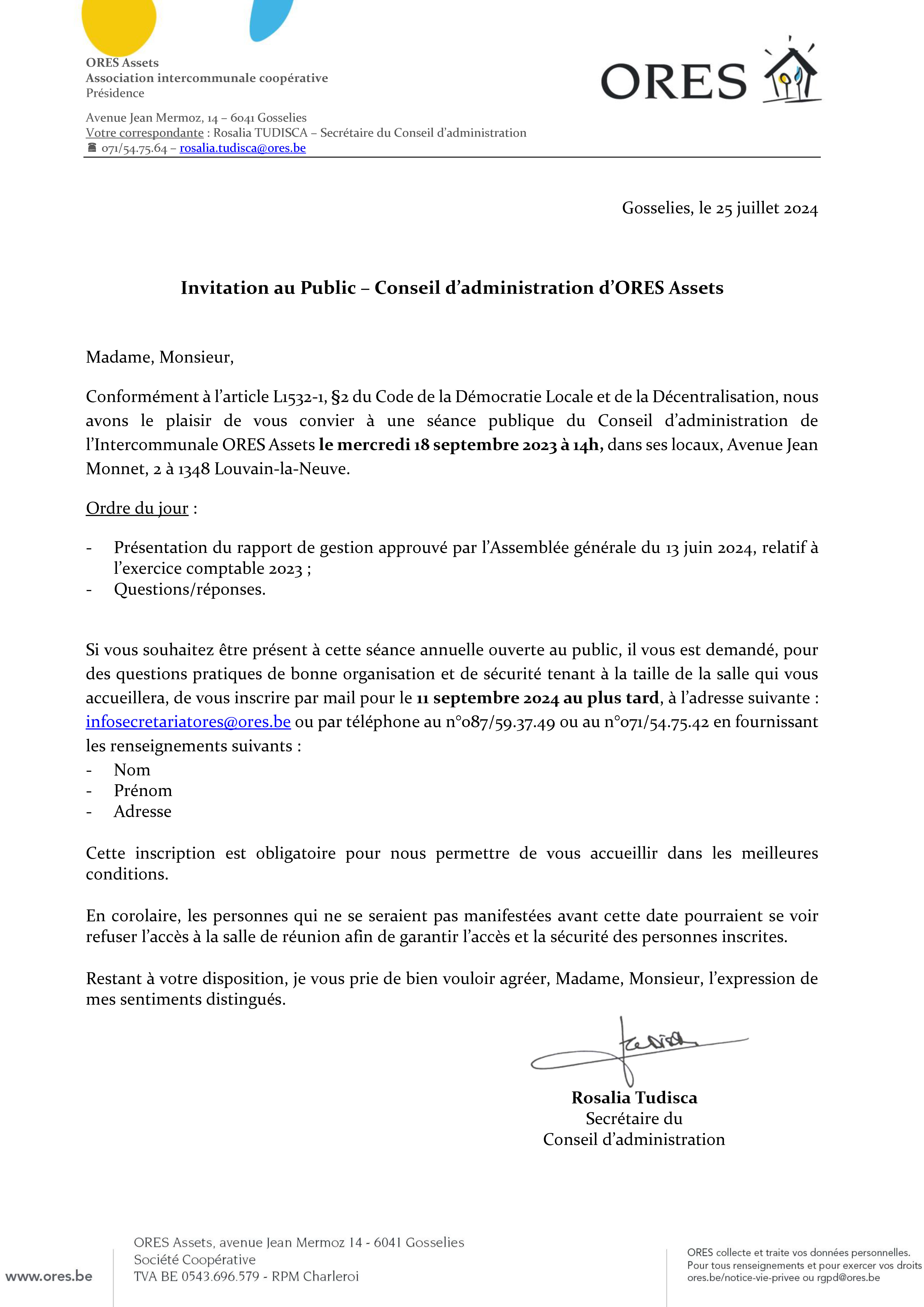 Invitation - Conseil d'administration ORES Assets, 11 septembre 2024